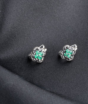 Emerald Clover Earrings - 925K Silver - Handmade Minimalist Jewelry - Vintage Design - Christmas Gift - Luck Earrings - Birthday Gift