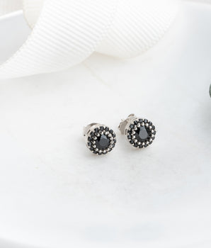 Black Solitaire Earrings - 925K Silver - Handmade Jewelry - Round Earrings - Birthday Gift - Halloween Gift