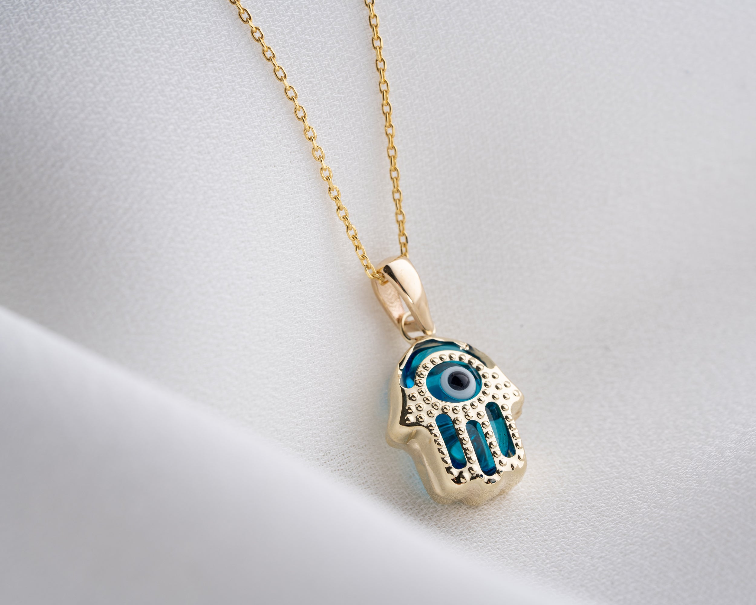 14K solid Gold Hamsa with Evil Eye Necklace, Original Hand Charm and C –  Shantica Jewelry