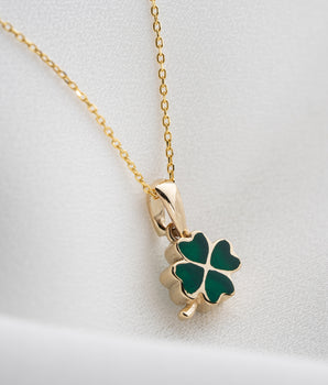 14K Solid Gold Green Clover Luck Necklace