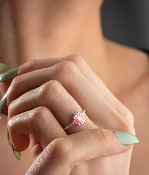 Pink Daisy Silver Child Ring - Turquoise Daisy Silver Child Ring - Minimalist Handmade Silver Ring