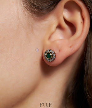 Vintage Round Emerald Earrings - Handmade Jewelry - 925K Silver - Birthday Gift