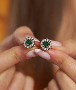 Vintage Round Emerald Earrings - Handmade Jewelry - 925K Silver - Birthday Gift