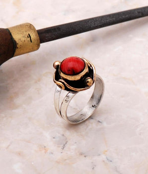 Coral Stone Silver Ring